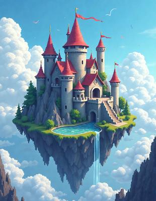 Primary subject: Castle
Setting/background: Sky
Visual style: Digital art
Colors and mood: Blue and white